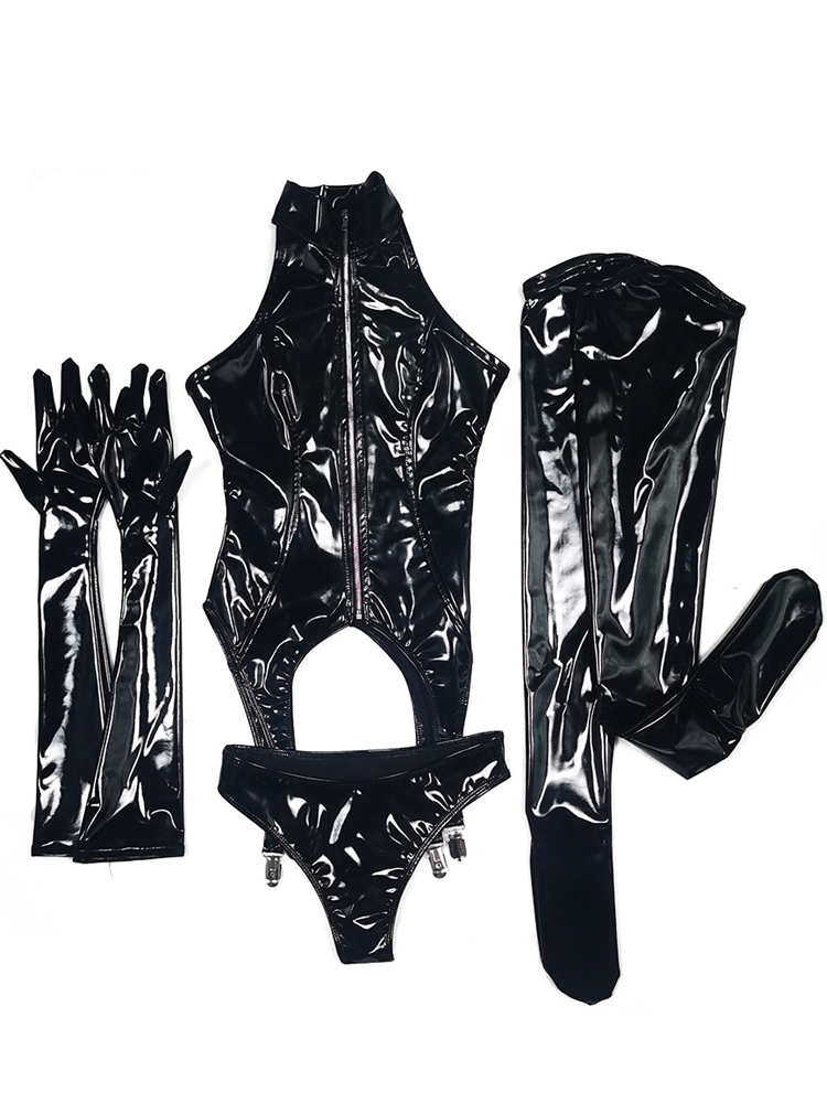4PCS/SET Wet Look PVC Catsuit  - Garter Belt Set recension och pris