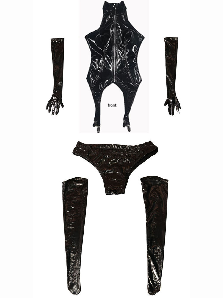 4PCS/SET Wet Look PVC Catsuit  - Garter Belt Set recension och pris