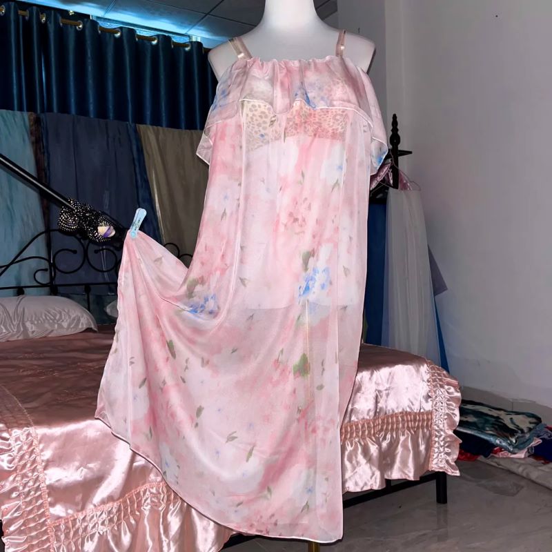 Pink Silk Printed See Through  - Robe Silk Women recension och pris